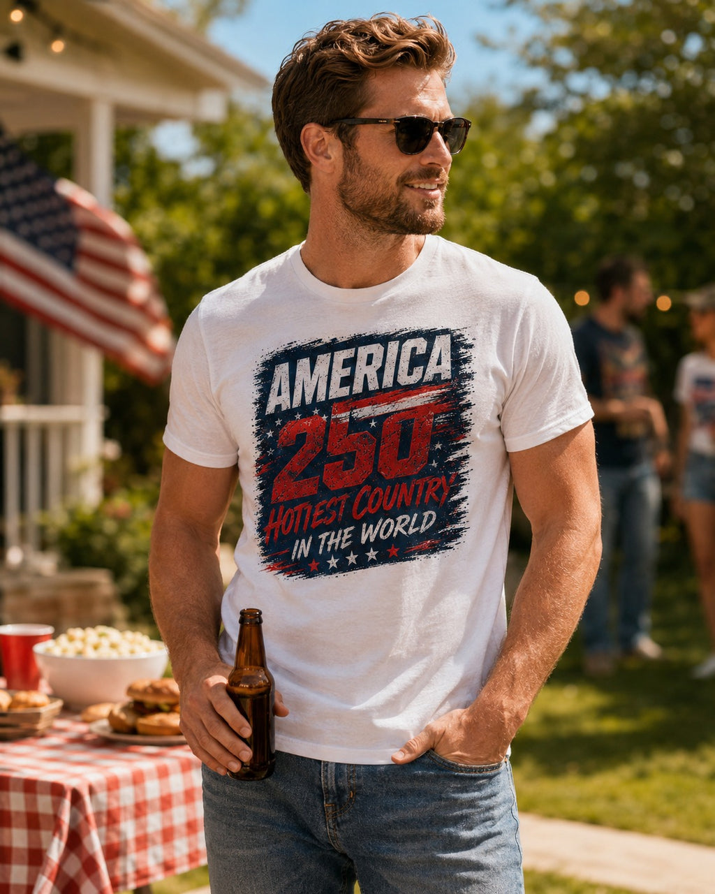 Model wearing White America 250 Bold Flag patriotic t-shirt at summer BBQ