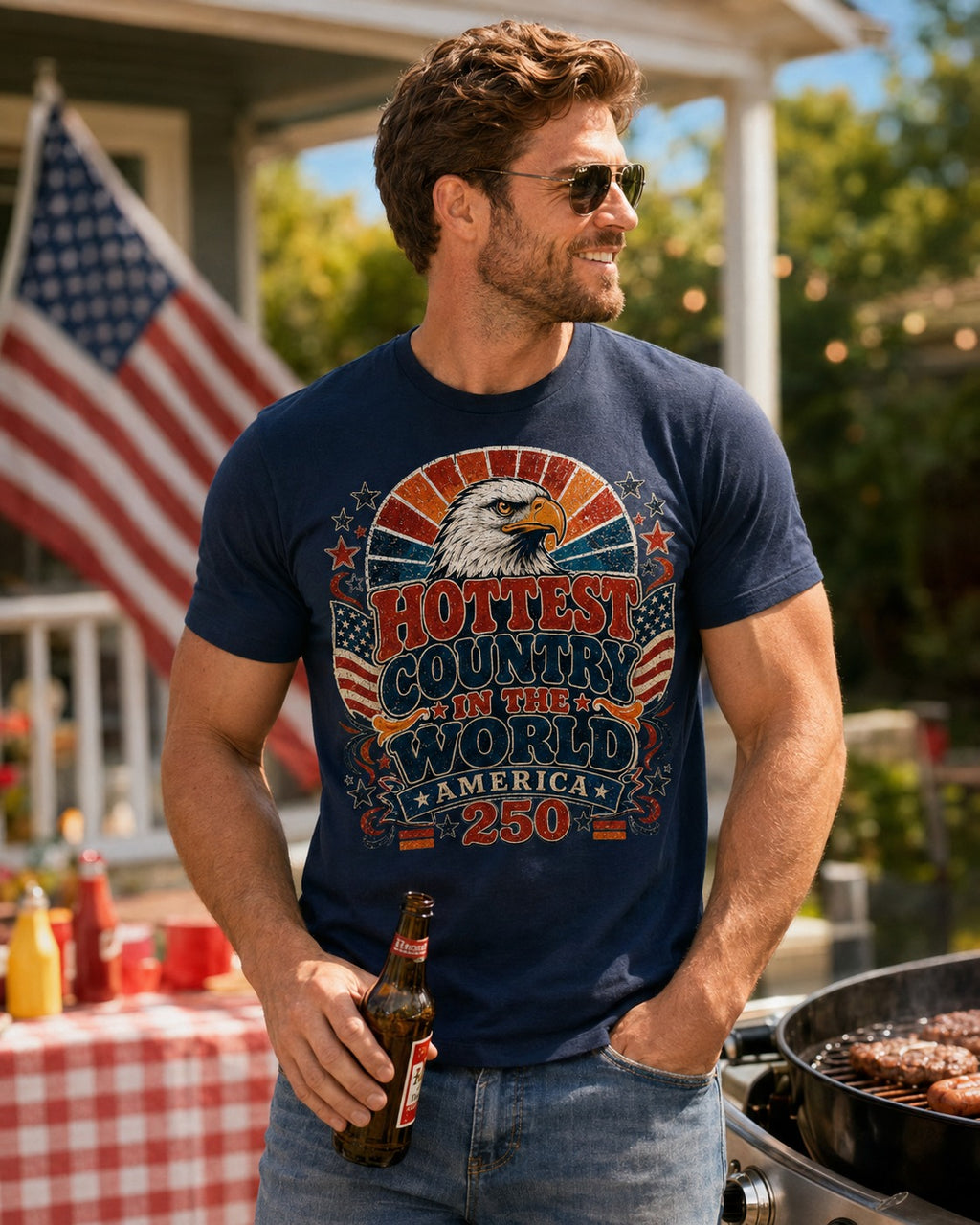 Model wearing Navy America 250 Eagle Pride patriotic t-shirt at BBQ grill