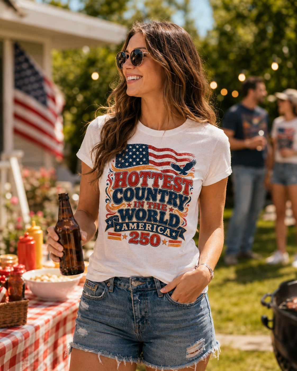 Model wearing White America 250 Flag and Eagle patriotic t-shirt at summer BBQ