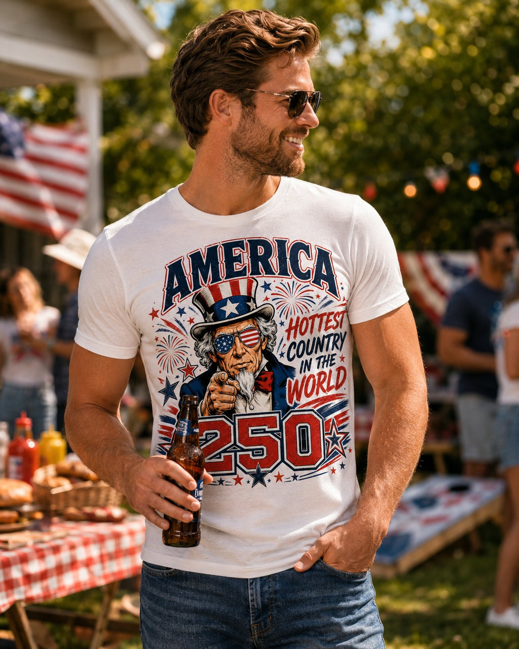 Model wearing White Bold Eagle Freedom America 250 patriotic t-shirt at summer BBQ