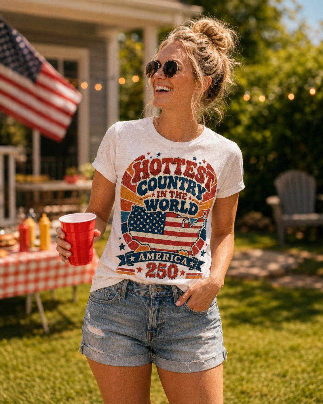 Model wearing White USA 250 Stars and Stripes patriotic t-shirt at summer BBQ